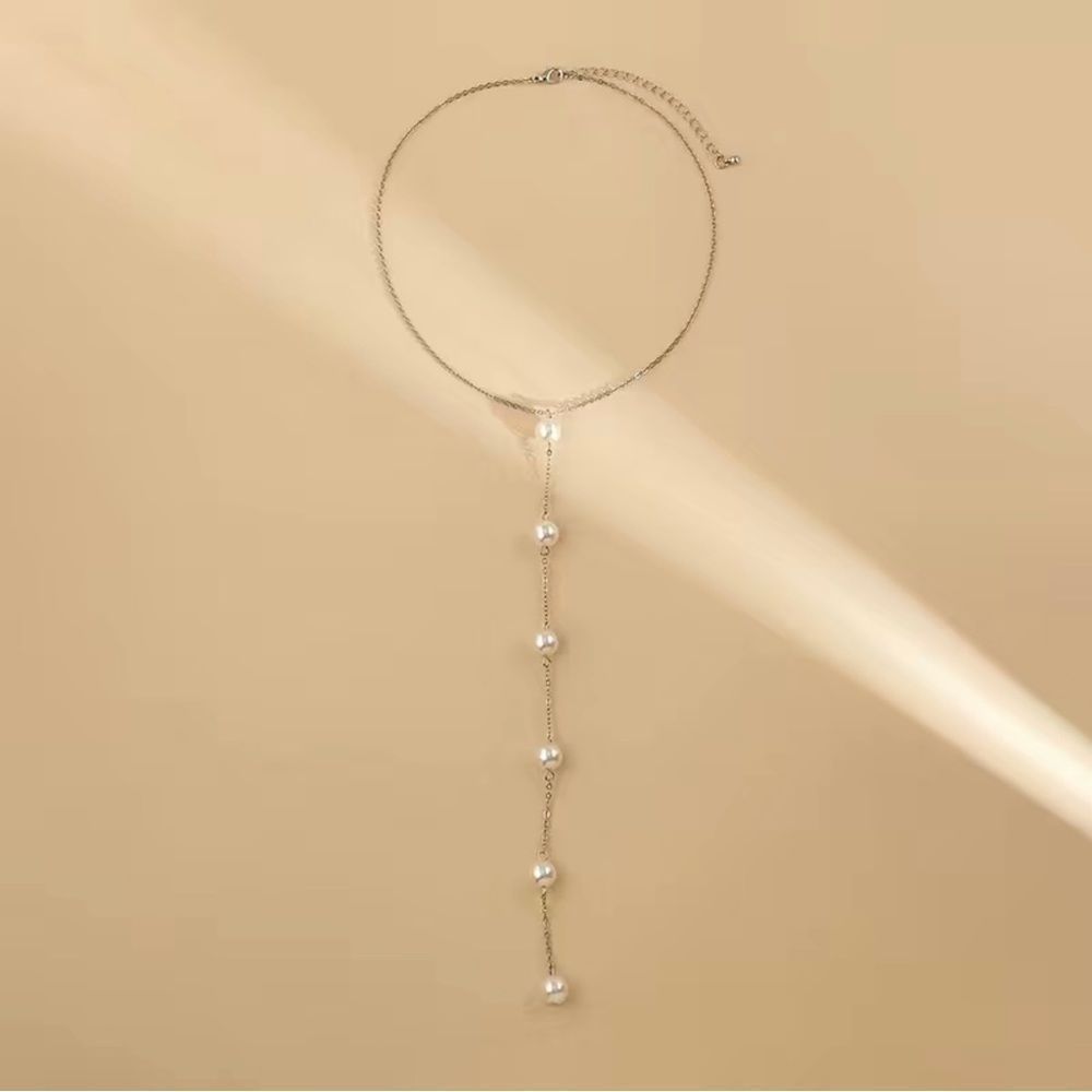 Silver and pearl long dangle necklace, adjustable, simple necklace, 7.8” d… - Picture 2 of 3